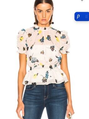 Self-Portrait Pink Floral Peplum Puff-Sleeve Blouse| US 6 UK 10|